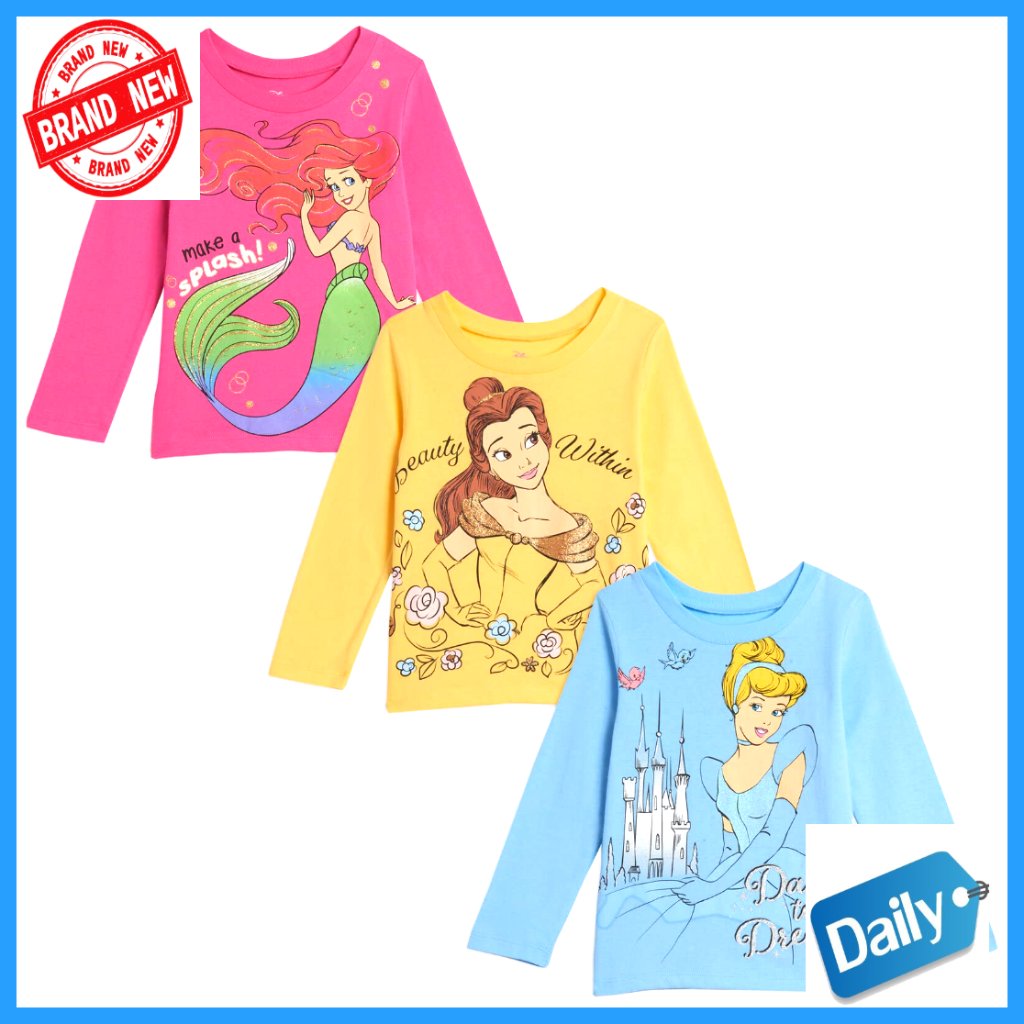 3 Pack Long Sleeve Graphic Tees Toddler Girls Cotton Regular Fit